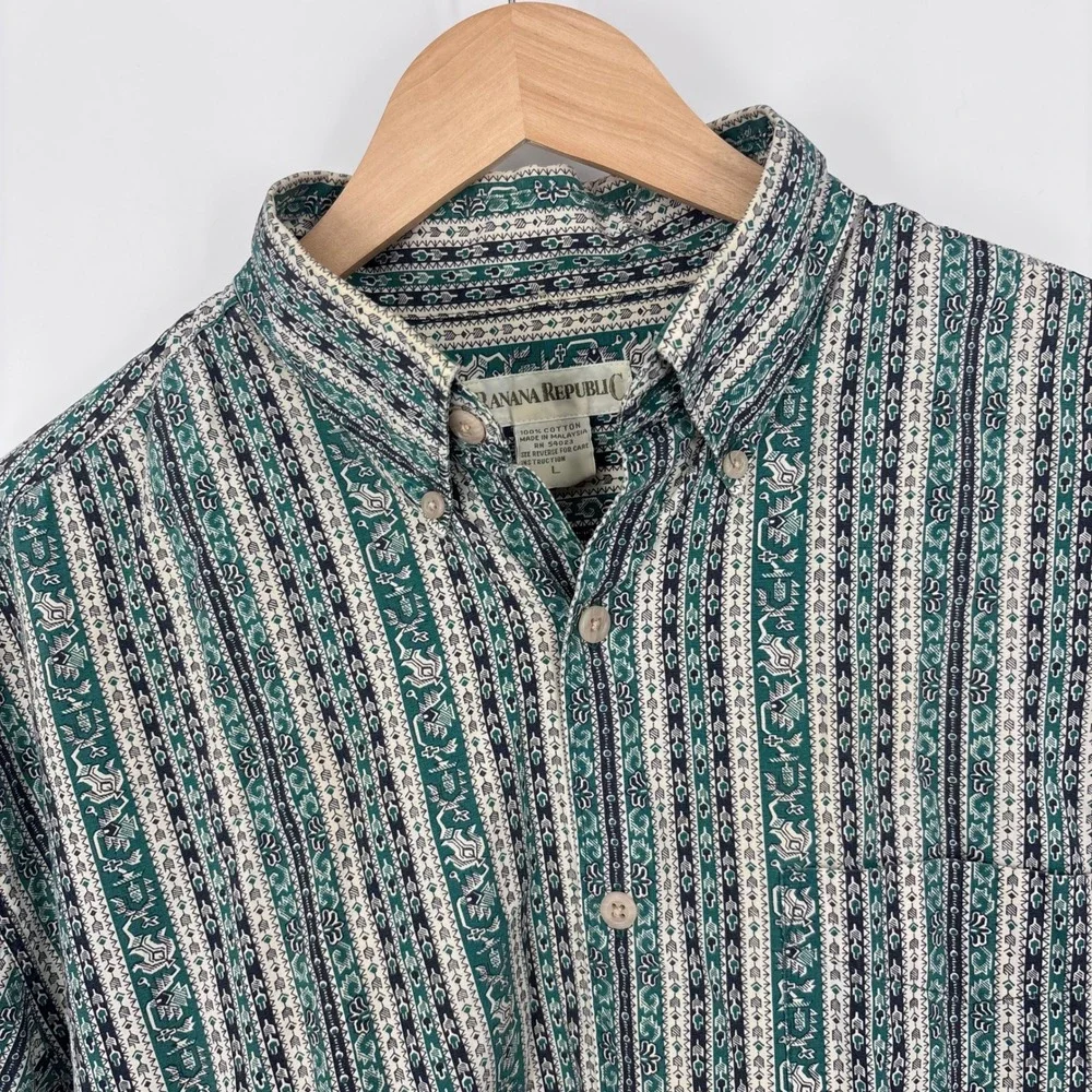 Vintage 90s Banana Republic Southwestern Tribal Shirt Mens L Green Aztec Western